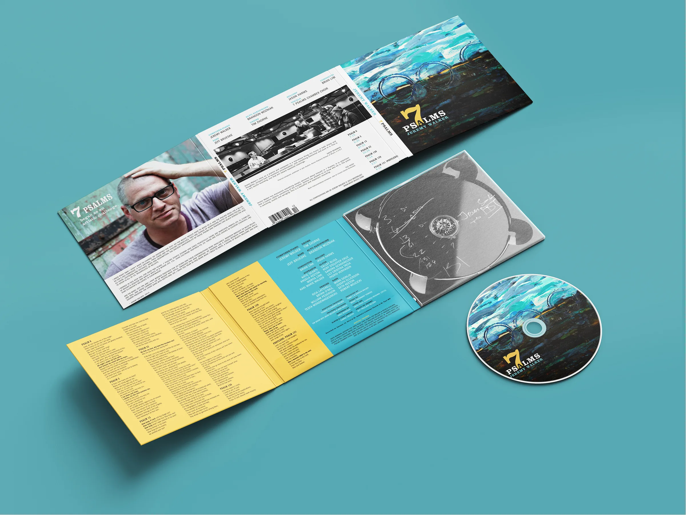 7 Psalms full packaging mockup spread on a teal background