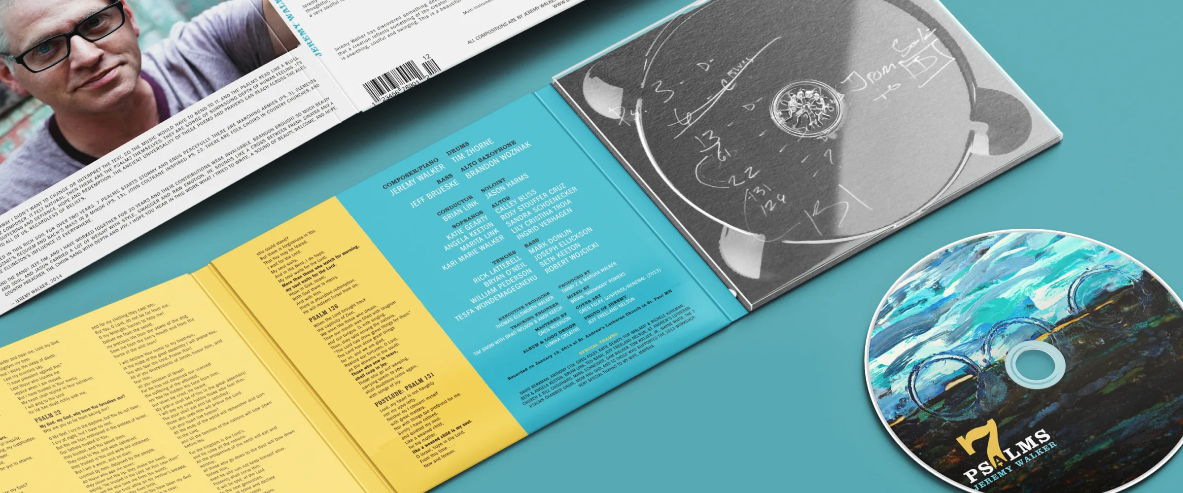 7 Psalms album packaging spread on a teal background