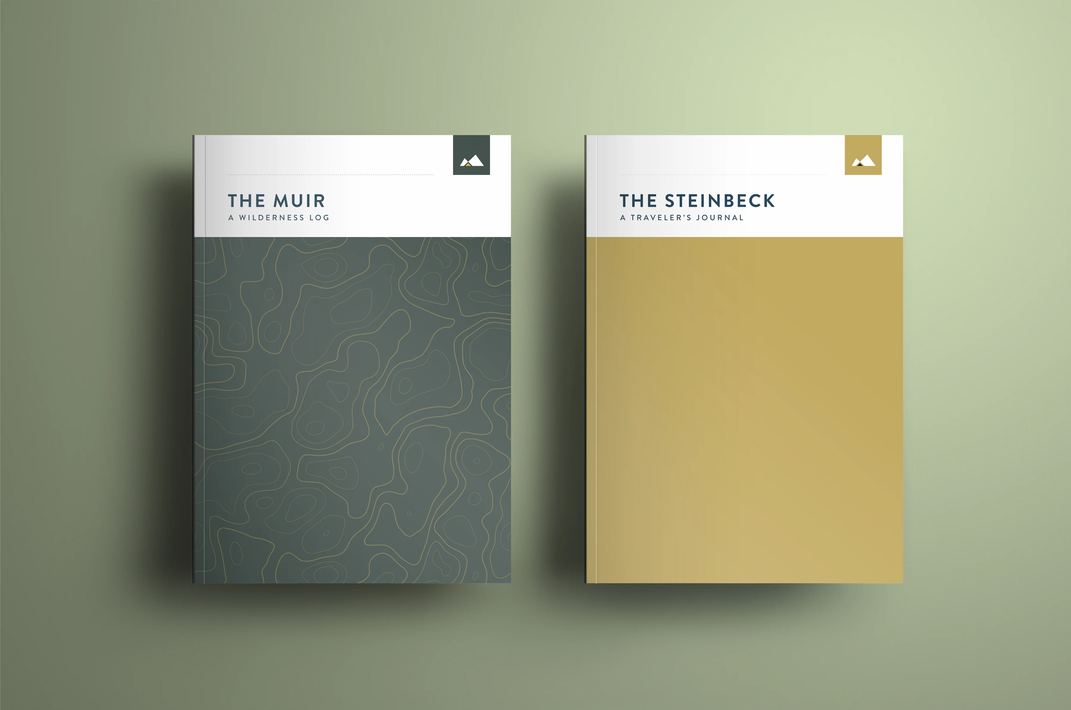 Muir and Steinbeck adventure journal covers on a sage green background
