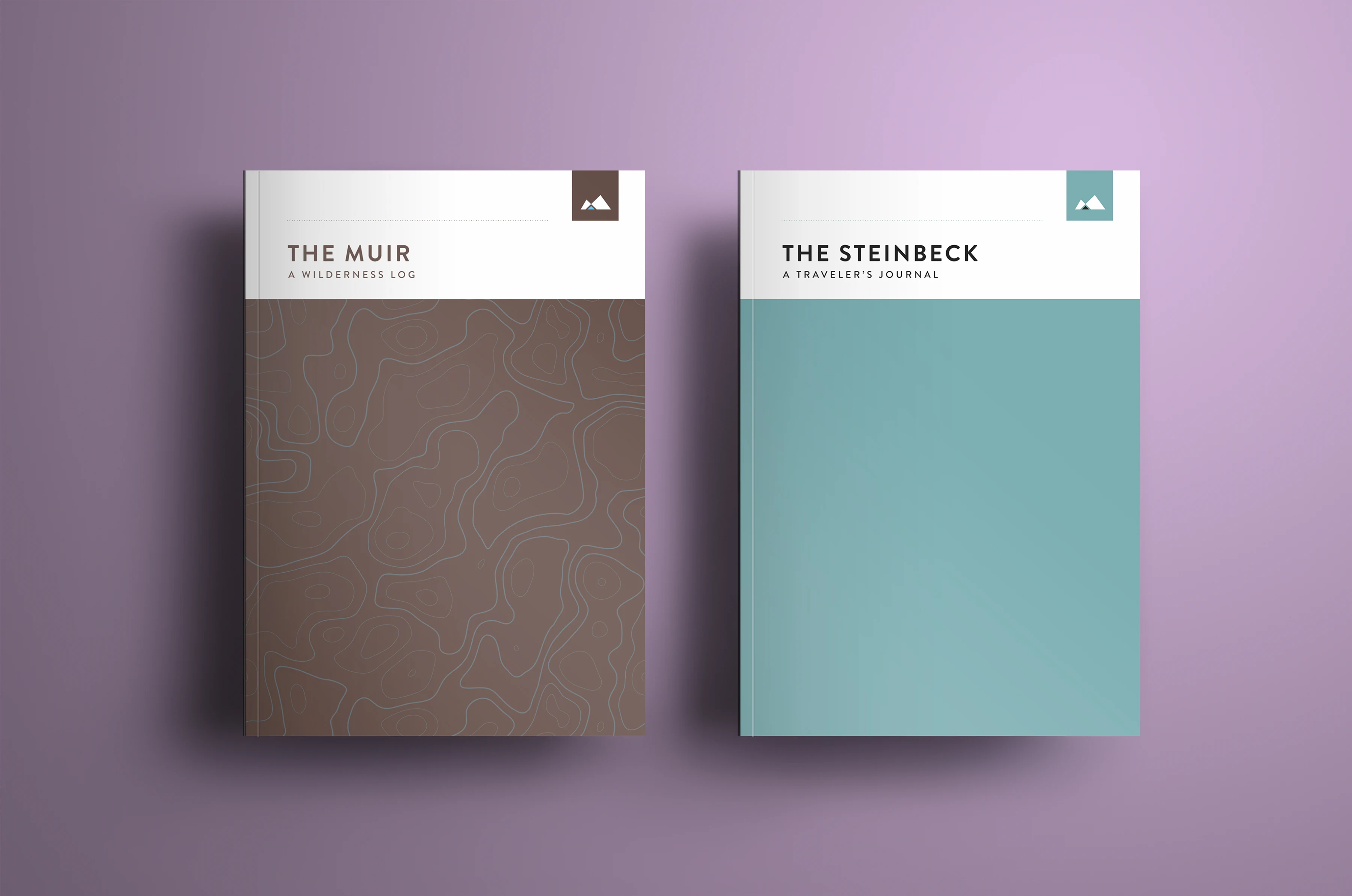 Muir and Steinbeck adventure journal covers on a lavender background