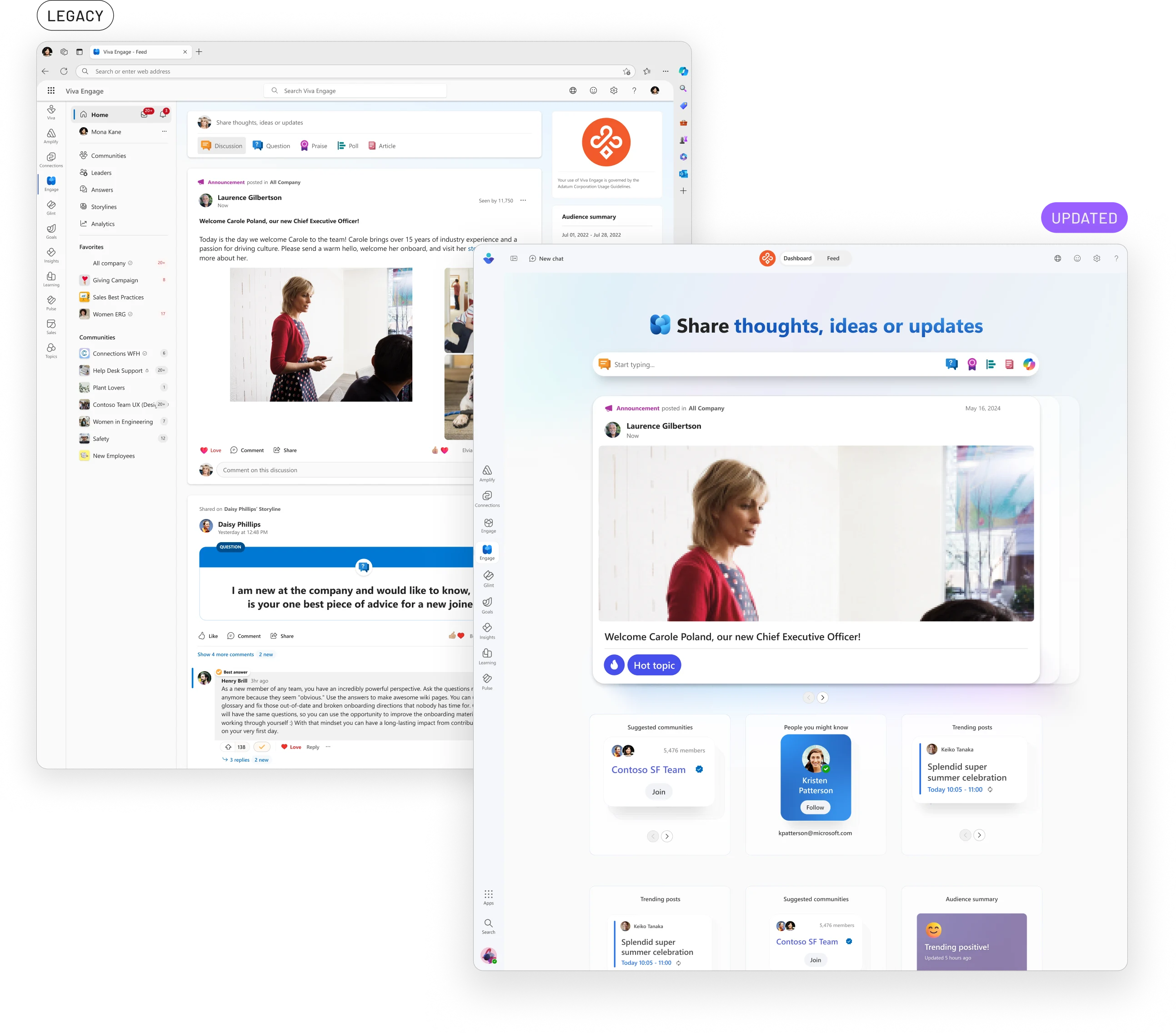 Viva Engage before and after comparison showing the refreshed design
