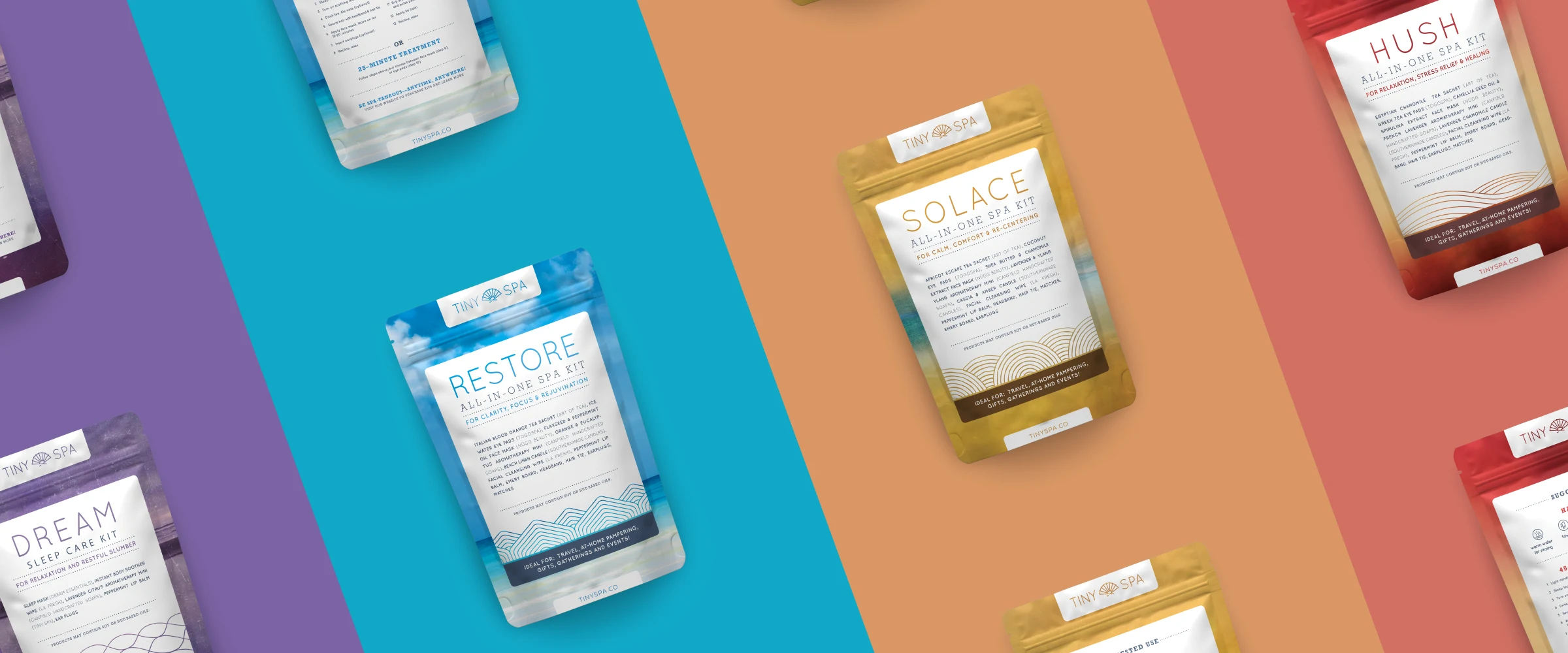 Tiny Spa product packaging pouches in blue, red, yellow, and purple