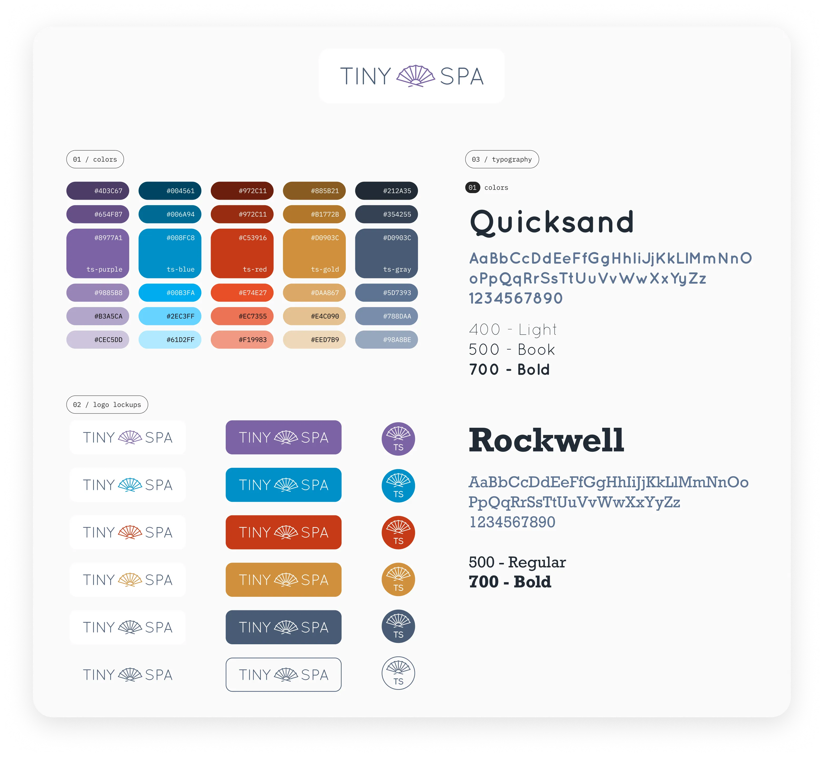 Tiny Spa brand style guide showing logo, color palette, typography, and iconography
