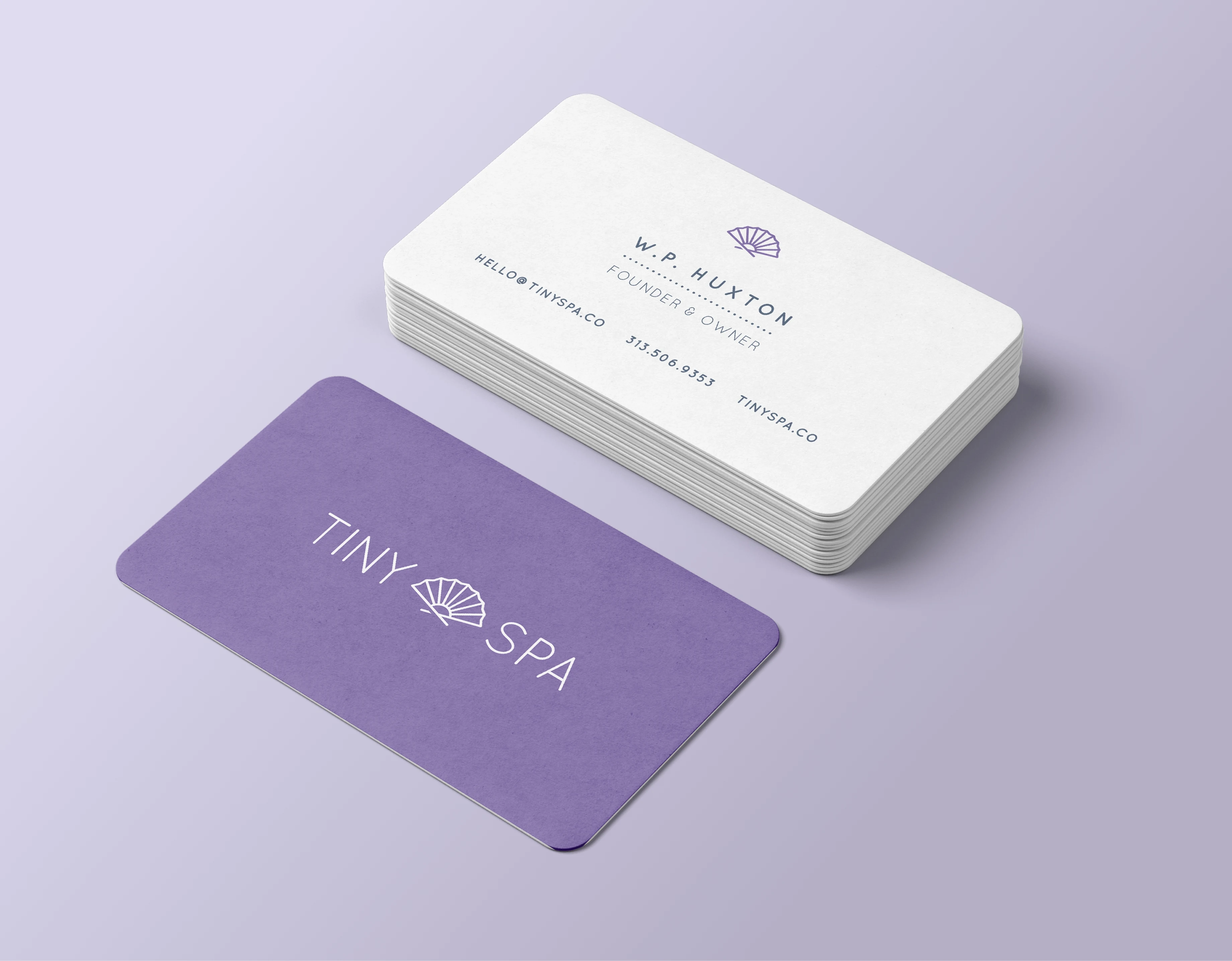 Tiny Spa business card designs in white and purple